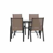 Brazos 5 Piece Commercial Grade Patio Dining Set with Tempered Glass Patio Table with 4 Chairs with Brown Flex Comfort Material Seats and Backs, FV-120B-303CB-GG