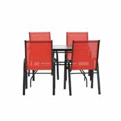 Brazos 5 Piece Commercial Grade Patio Dining Set with Tempered Glass Patio Table with 4 Chairs with Red Flex Comfort Material Seats and Backs, FV-120B-303CRD-GG