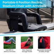 Malta Black Portable Lightweight Reclining Stadium Chair with Armrests, Padded Back & Seat with Dual Storage Pockets and Backpack Straps, FV-FA090-BK-GG