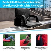 Malta Extra Wide Black Lightweight Reclining Stadium Chair with Armrests, Padded Back & Seat with Dual Storage Pockets and Backpack Straps, FV-FA090L-BK-GG