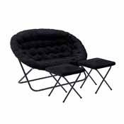 Eleanor 56" Portable Folding Double Saucer Chair with 2 Folding Ottomans Black Faux Fur with a Black Steel Frame for Dorm or Bedroom, FV-FDS-001-2FR-BK-BK-GG