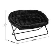 Eleanor 56" Portable Folding Double Saucer Chair with 2 Folding Ottomans Black Faux Fur with a Black Steel Frame for Dorm or Bedroom, FV-FDS-001-2FR-BK-BK-GG