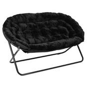 Eleanor 56" Portable Folding Double Saucer Chair with 2 Folding Ottomans Black Faux Fur with a Black Steel Frame for Dorm or Bedroom, FV-FDS-001-2FR-BK-BK-GG