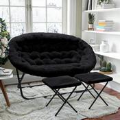 Eleanor 56" Portable Folding Double Saucer Chair with 2 Folding Ottomans Black Faux Fur with a Black Steel Frame for Dorm or Bedroom, FV-FDS-001-2FR-BK-BK-GG