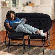 Eleanor 56" Portable Folding Double Saucer Chair with 2 Folding Ottomans Black Faux Fur with a Black Steel Frame for Dorm or Bedroom, FV-FDS-001-2FR-BK-BK-GG