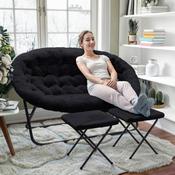 Eleanor 56" Portable Folding Double Saucer Chair with 2 Folding Ottomans Black Faux Fur with a Black Steel Frame for Dorm or Bedroom, FV-FDS-001-2FR-BK-BK-GG