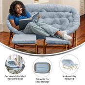 Eleanor 56" Portable Folding Double Saucer Chair with 2 Folding Ottomans in Dusty Aqua Faux Fur with a Soft Gold Steel Frame for Dorm or Bedroom, FV-FDS-001-2FR-DTAQ-SGD-GG
