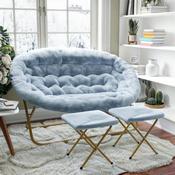 Eleanor 56" Portable Folding Double Saucer Chair with 2 Folding Ottomans in Dusty Aqua Faux Fur with a Soft Gold Steel Frame for Dorm or Bedroom, FV-FDS-001-2FR-DTAQ-SGD-GG