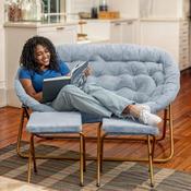 Eleanor 56" Portable Folding Double Saucer Chair with 2 Folding Ottomans in Dusty Aqua Faux Fur with a Soft Gold Steel Frame for Dorm or Bedroom, FV-FDS-001-2FR-DTAQ-SGD-GG