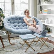 Eleanor 56" Portable Folding Double Saucer Chair with 2 Folding Ottomans in Dusty Aqua Faux Fur with a Soft Gold Steel Frame for Dorm or Bedroom, FV-FDS-001-2FR-DTAQ-SGD-GG