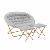 Eleanor 56" Portable Folding Double Saucer Chair with 2 Folding Ottomans Gray Faux Fur with a Soft Gold Steel Frame for Dorm or Bedroom, FV-FDS-001-2FR-GY-SGD-GG