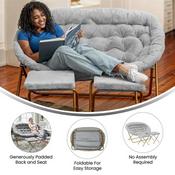 Eleanor 56" Portable Folding Double Saucer Chair with 2 Folding Ottomans Gray Faux Fur with a Soft Gold Steel Frame for Dorm or Bedroom, FV-FDS-001-2FR-GY-SGD-GG