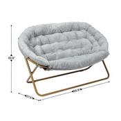 Eleanor 56" Portable Folding Double Saucer Chair with 2 Folding Ottomans Gray Faux Fur with a Soft Gold Steel Frame for Dorm or Bedroom, FV-FDS-001-2FR-GY-SGD-GG
