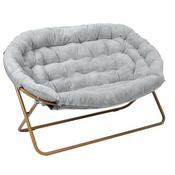 Eleanor 56" Portable Folding Double Saucer Chair with 2 Folding Ottomans Gray Faux Fur with a Soft Gold Steel Frame for Dorm or Bedroom, FV-FDS-001-2FR-GY-SGD-GG