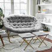 Eleanor 56" Portable Folding Double Saucer Chair with 2 Folding Ottomans Gray Faux Fur with a Soft Gold Steel Frame for Dorm or Bedroom, FV-FDS-001-2FR-GY-SGD-GG
