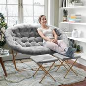 Eleanor 56" Portable Folding Double Saucer Chair with 2 Folding Ottomans Gray Faux Fur with a Soft Gold Steel Frame for Dorm or Bedroom, FV-FDS-001-2FR-GY-SGD-GG