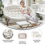Eleanor 56" Portable Folding Double Saucer Chair with 2 Folding Ottomans Ivory Faux Shearling with a Soft Gold Steel Frame for Dorm or Bedroom, FV-FDS-001-2FR-IV-SGD-GG