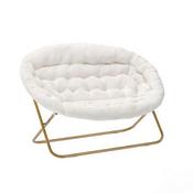 Eleanor 56" Portable Folding Double Saucer Chair with 2 Folding Ottomans Ivory Faux Shearling with a Soft Gold Steel Frame for Dorm or Bedroom, FV-FDS-001-2FR-IV-SGD-GG