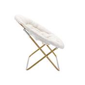 Eleanor 56" Portable Folding Double Saucer Chair with 2 Folding Ottomans Ivory Faux Shearling with a Soft Gold Steel Frame for Dorm or Bedroom, FV-FDS-001-2FR-IV-SGD-GG