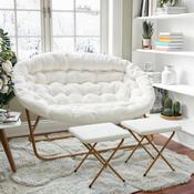 Eleanor 56" Portable Folding Double Saucer Chair with 2 Folding Ottomans Ivory Faux Shearling with a Soft Gold Steel Frame for Dorm or Bedroom, FV-FDS-001-2FR-IV-SGD-GG