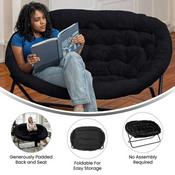Eleanor 56" Portable Folding Double Saucer Chair in Black Faux Fur with a Black Steel Frame for Dorm, Living Room, or Bedroom, FV-FDS-001-BK-BK-GG
