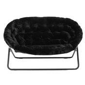 Eleanor 56" Portable Folding Double Saucer Chair in Black Faux Fur with a Black Steel Frame for Dorm, Living Room, or Bedroom, FV-FDS-001-BK-BK-GG