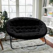 Eleanor 56" Portable Folding Double Saucer Chair in Black Faux Fur with a Black Steel Frame for Dorm, Living Room, or Bedroom, FV-FDS-001-BK-BK-GG