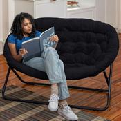 Eleanor 56" Portable Folding Double Saucer Chair in Black Faux Fur with a Black Steel Frame for Dorm, Living Room, or Bedroom, FV-FDS-001-BK-BK-GG