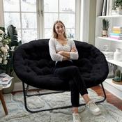 Eleanor 56" Portable Folding Double Saucer Chair in Black Faux Fur with a Black Steel Frame for Dorm, Living Room, or Bedroom, FV-FDS-001-BK-BK-GG