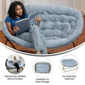 Eleanor 56" Portable Folding Double Saucer Chair in Dusty Aqua Faux Fur with a Soft Gold Steel Frame for Dorm, Living Room, or Bedroom, FV-FDS-001-DTAQ-SGD-GG