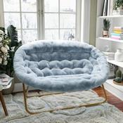 Eleanor 56" Portable Folding Double Saucer Chair in Dusty Aqua Faux Fur with a Soft Gold Steel Frame for Dorm, Living Room, or Bedroom, FV-FDS-001-DTAQ-SGD-GG