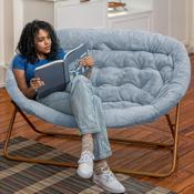 Eleanor 56" Portable Folding Double Saucer Chair in Dusty Aqua Faux Fur with a Soft Gold Steel Frame for Dorm, Living Room, or Bedroom, FV-FDS-001-DTAQ-SGD-GG