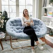 Eleanor 56" Portable Folding Double Saucer Chair in Dusty Aqua Faux Fur with a Soft Gold Steel Frame for Dorm, Living Room, or Bedroom, FV-FDS-001-DTAQ-SGD-GG
