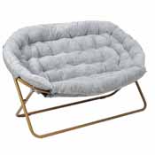 Eleanor 56" Portable Folding Double Saucer Chair in Gray Faux Fur with a Soft Gold Steel Frame for Dorm, Living Room, or Bedroom, FV-FDS-001-GY-SGD-GG