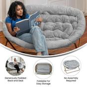 Eleanor 56" Portable Folding Double Saucer Chair in Gray Faux Fur with a Soft Gold Steel Frame for Dorm, Living Room, or Bedroom, FV-FDS-001-GY-SGD-GG