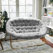 Eleanor 56" Portable Folding Double Saucer Chair in Gray Faux Fur with a Soft Gold Steel Frame for Dorm, Living Room, or Bedroom, FV-FDS-001-GY-SGD-GG