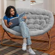 Eleanor 56" Portable Folding Double Saucer Chair in Gray Faux Fur with a Soft Gold Steel Frame for Dorm, Living Room, or Bedroom, FV-FDS-001-GY-SGD-GG
