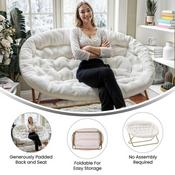 Eleanor 56" Portable Folding Double Saucer Chair in Ivory Faux Shearling with a Soft Gold Steel Frame for Dorm, Living Room, or Bedroom, FV-FDS-001-IV-SGD-GG