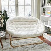 Eleanor 56" Portable Folding Double Saucer Chair in Ivory Faux Shearling with a Soft Gold Steel Frame for Dorm, Living Room, or Bedroom, FV-FDS-001-IV-SGD-GG