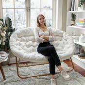 Eleanor 56" Portable Folding Double Saucer Chair in Ivory Faux Shearling with a Soft Gold Steel Frame for Dorm, Living Room, or Bedroom, FV-FDS-001-IV-SGD-GG