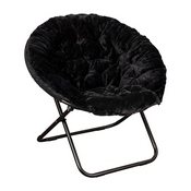 Gwen 38" Oversize Portable Faux Fur Folding Saucer Moon Chair for Dorm and Bedroom, Black Faux Fur/Black Frame, FV-FMC-025-BK-BK-GG