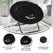 Gwen 38" Oversize Portable Faux Fur Folding Saucer Moon Chair for Dorm and Bedroom, Black Faux Fur/Black Frame, FV-FMC-025-BK-BK-GG