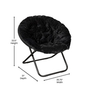 Gwen 38" Oversize Portable Faux Fur Folding Saucer Moon Chair for Dorm and Bedroom, Black Faux Fur/Black Frame, FV-FMC-025-BK-BK-GG