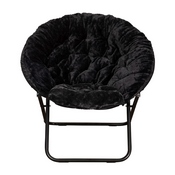 Gwen 38" Oversize Portable Faux Fur Folding Saucer Moon Chair for Dorm and Bedroom, Black Faux Fur/Black Frame, FV-FMC-025-BK-BK-GG