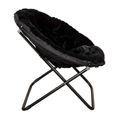 Gwen 38" Oversize Portable Faux Fur Folding Saucer Moon Chair for Dorm and Bedroom, Black Faux Fur/Black Frame, FV-FMC-025-BK-BK-GG