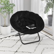Gwen 38" Oversize Portable Faux Fur Folding Saucer Moon Chair for Dorm and Bedroom, Black Faux Fur/Black Frame, FV-FMC-025-BK-BK-GG