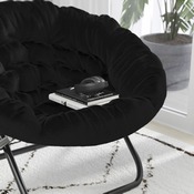 Gwen 38" Oversize Portable Faux Fur Folding Saucer Moon Chair for Dorm and Bedroom, Black Faux Fur/Black Frame, FV-FMC-025-BK-BK-GG