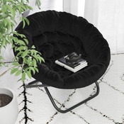 Gwen 38" Oversize Portable Faux Fur Folding Saucer Moon Chair for Dorm and Bedroom, Black Faux Fur/Black Frame, FV-FMC-025-BK-BK-GG