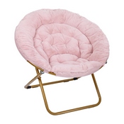 Gwen 38" Oversize Portable Faux Fur Folding Saucer Moon Chair for Dorm and Bedroom, Blush Faux Fur/Soft Gold Frame, FV-FMC-025-BL-SGD-GG