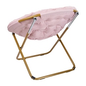 Gwen 38" Oversize Portable Faux Fur Folding Saucer Moon Chair for Dorm and Bedroom, Blush Faux Fur/Soft Gold Frame, FV-FMC-025-BL-SGD-GG